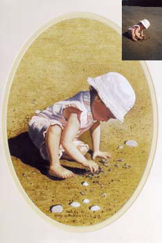 little girl on beach photo and painting